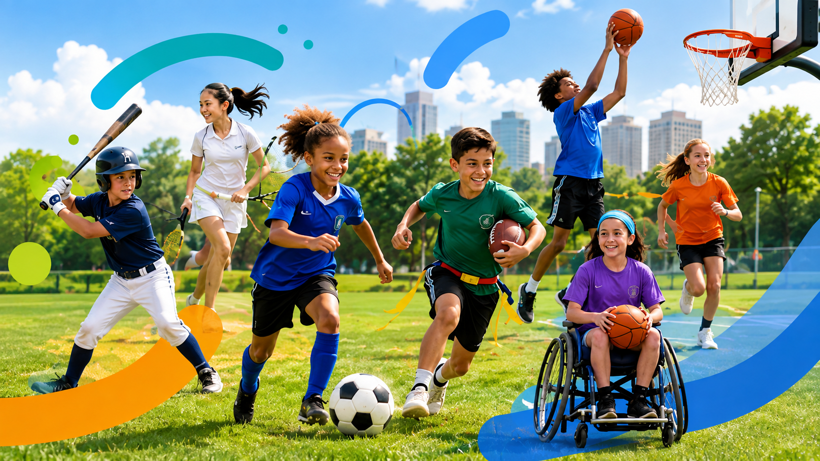 Kids playing baseball, tennis, soccer, football, basketball, and wheelchair basketball together on a sunny park field.